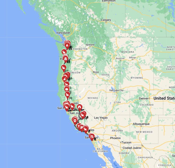 San diego to Seattle Motorhome road trip full route
